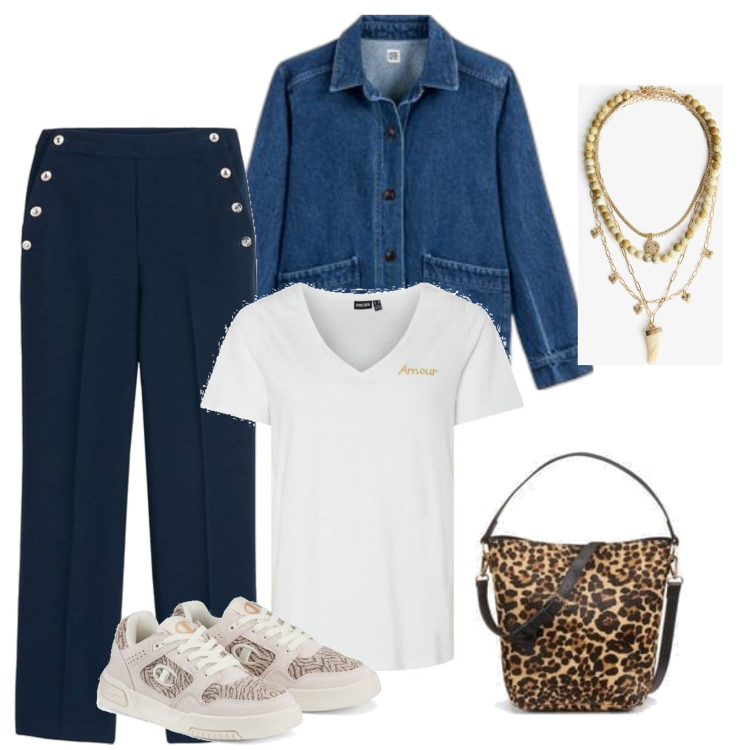 Outfit mujer - Casual chic #15909. Estilo Casual chic para Todos los días. Combinación con pantalones, sneakers, camiseta, blazers, bolsos saco, colgantes.