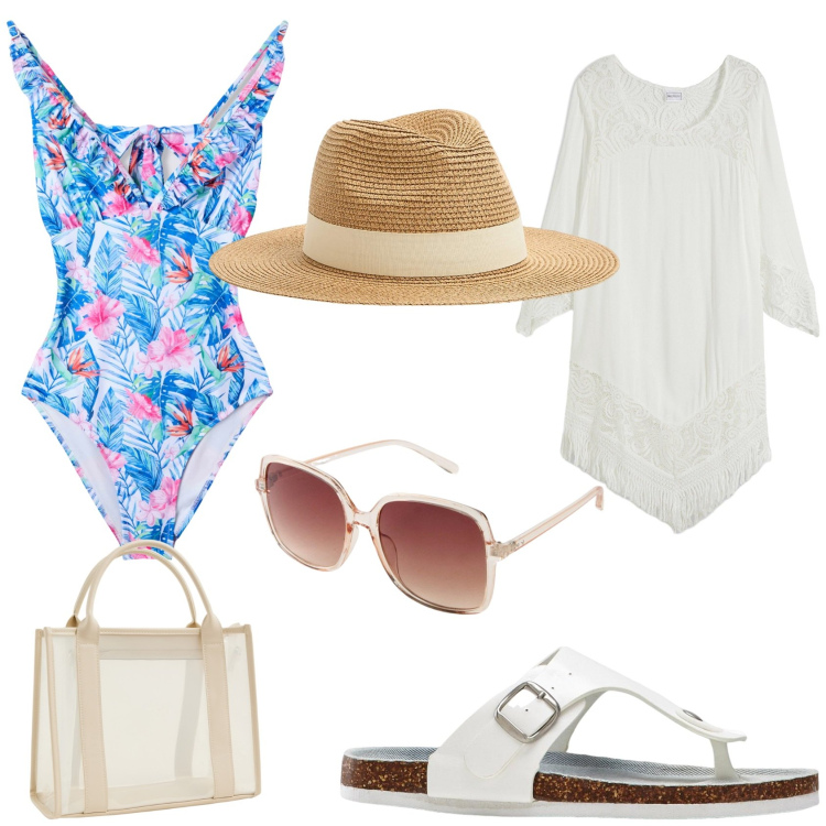Outfit donna - In piscina con le amiche. Stile Casual per Mare. Abbinamento con vestiti da spiaggia, infradito, occhiali da sole, cappelli, borse tote, costumi interi.