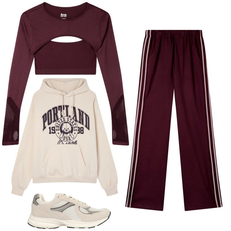 Outfit donna - Domenica mattina. Stile Sporty chic per Sport. Abbinamento con felpe con cappuccio, pantaloni sportivi, sneakers, t-shirt sportive.
