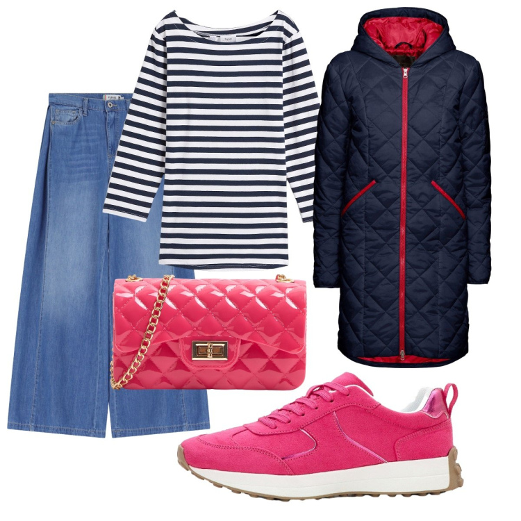 Outfit donna - A tutto fucsia. Stile Casual chic per Tutti i giorni. Abbinamento con blazer, maglieria, sneakers, borse a tracolla, jeans.