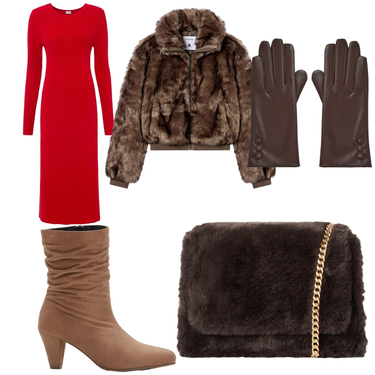 Outfit donna - Serata in montagna. Stile Chic per Serata fuori. Abbinamento con vestiti, stivaletti, borse a tracolla, ecopellicce, guanti.