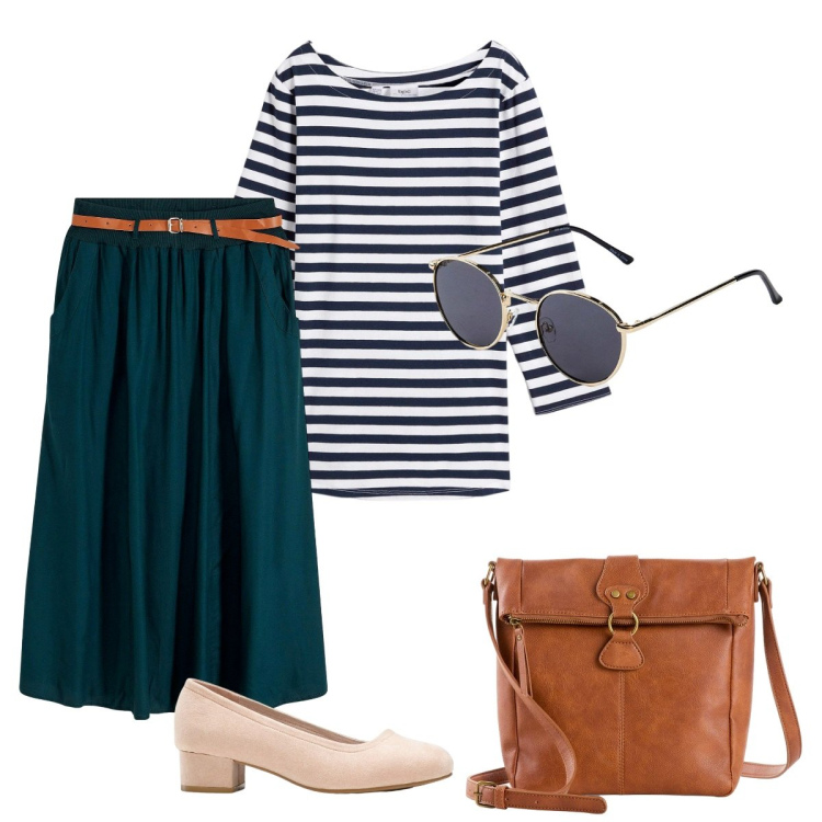 Outfit donna - Giorni Soft, Look Strong. Stile Minimal per Tutti i giorni. Abbinamento con décolleté, maglieria, gonne lunghe, occhiali da sole, borse a tracolla.
