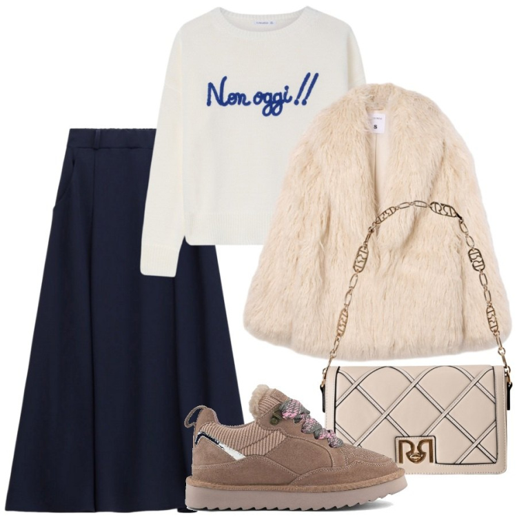 Outfit donna - Non oggi!. Stile Chic per Tutti i giorni. Abbinamento con maglieria, ecopellicce, borse a tracolla, gonne lunghe, sneakers alte.