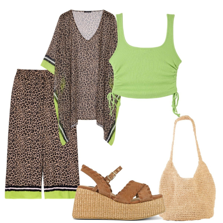 Outfit donna - Vacanze d’autunno nei tropici. Stile Etnico per Mare. Abbinamento con shopping bag, top, zeppe, pantaloni, caftani.