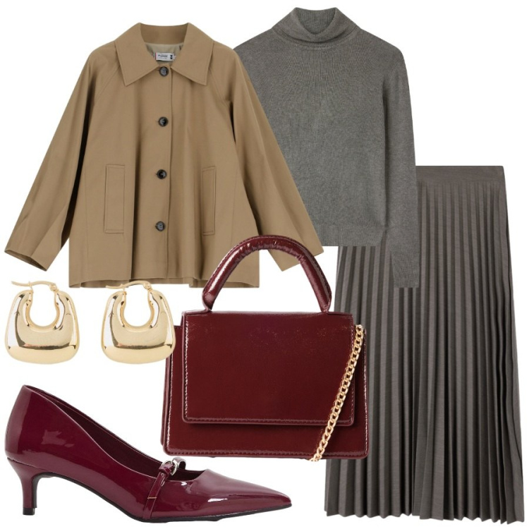 Outfit donna - Al lavoro con poca spesa. Stile Chic per Ufficio. Abbinamento con décolleté, orecchini, maglieria, borse a tracolla, gonne lunghe, blazer.