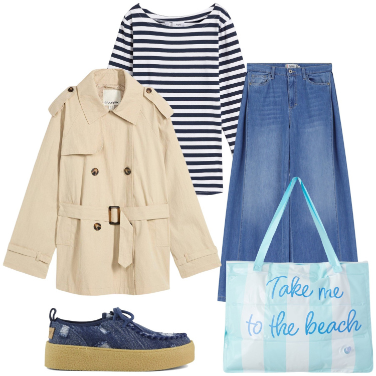 Outfit donna - Non ci sono più le mezze stagioni. Stile Sporty chic per Tutti i giorni. Abbinamento con maglieria, trench, borse tote, jeans, mocassini.