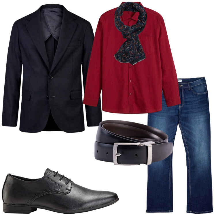 Outfit uomo - Total look #2253397. Stile Urban per Ufficio. Abbinamento con scarpe stringate, jeans bootcut, camicie, giacche, cinture, sciarpe.
