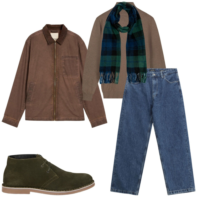 Outfit uomo - Total look #2253399. Stile Urban per Tutti i giorni. Abbinamento con giacche, jeans, maglieria, sciarpe, stivali e stivaletti.
