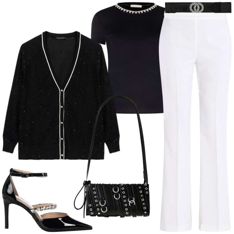 Outfit donna - Total look #2253402. Stile Chic per Tutti i giorni. Abbinamento con cinture, t-shirt, pantaloni, borse a spalla, décolleté, cardigans.