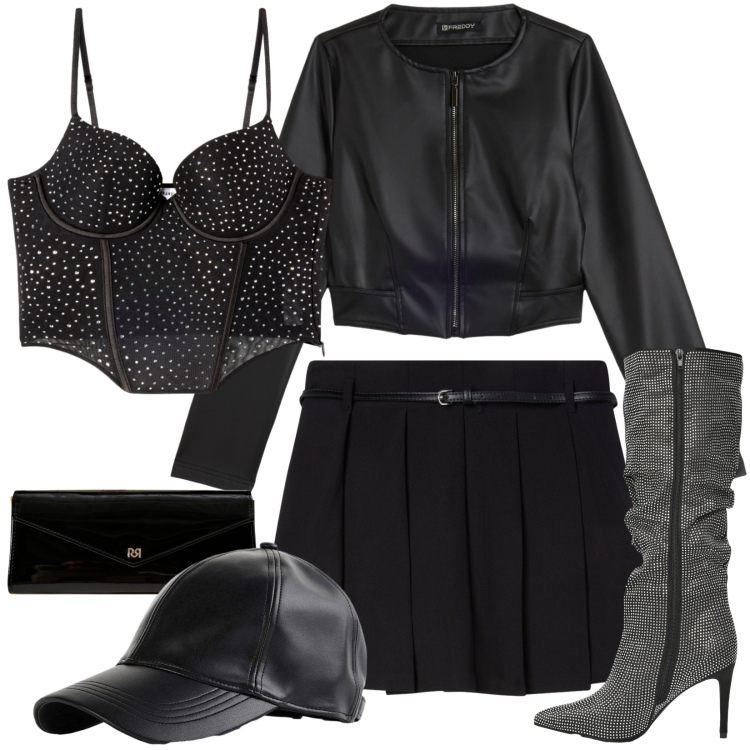 Outfit donna - Sexy rock. Stile Rock per Serata fuori. Abbinamento con cappelli con visiera, minigonne, stivali, top, pochette, giacche.