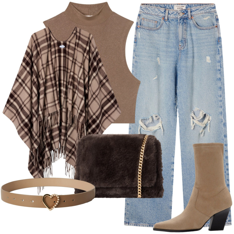 Outfit donna - Total look #2253414. Stile Casual per Tutti i giorni. Abbinamento con stivaletti, canottiere, jeans strappati, cinture, cappotti, borse a tracolla.