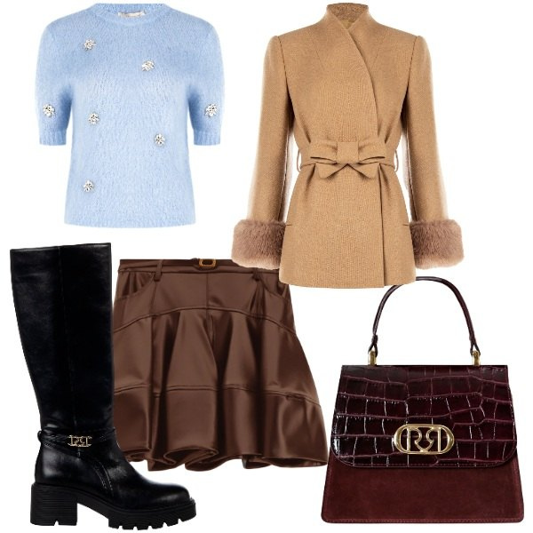 Outfit donna - i colori dell\'autunno. Stile Trendy per Tutti i giorni. Abbinamento con cappotti, stivali sopra il ginocchio, maglieria, borse a mano, minigonne.