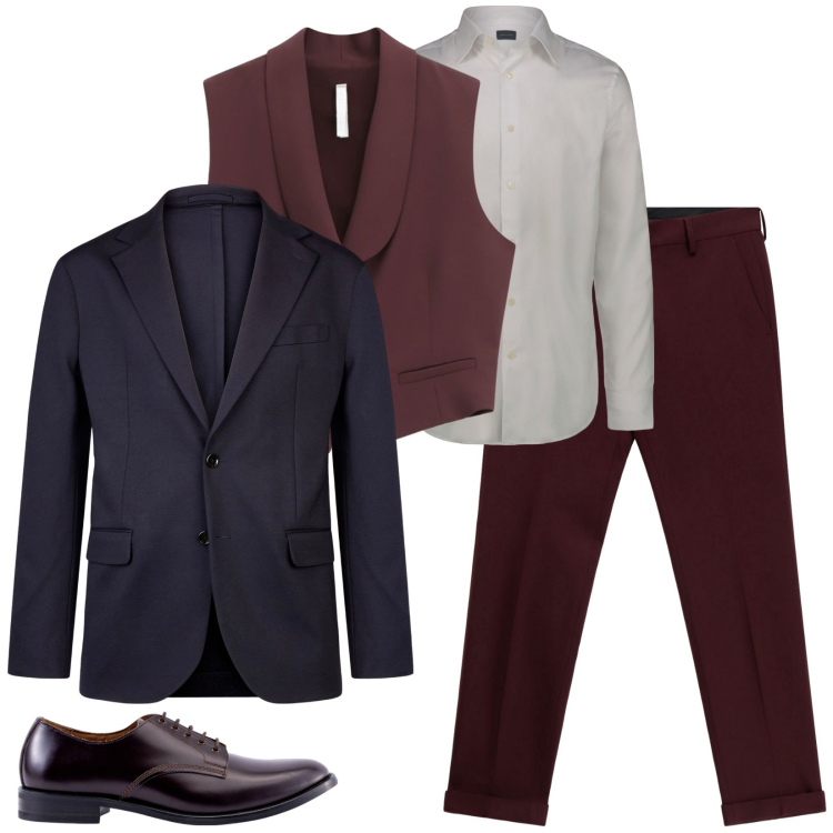 Outfit uomo - Scarpe derby dark brown. Stile Business/Elegante per Serata speciale. Abbinamento con pantaloni, gilet, giacche, scarpe stringate, camicie.