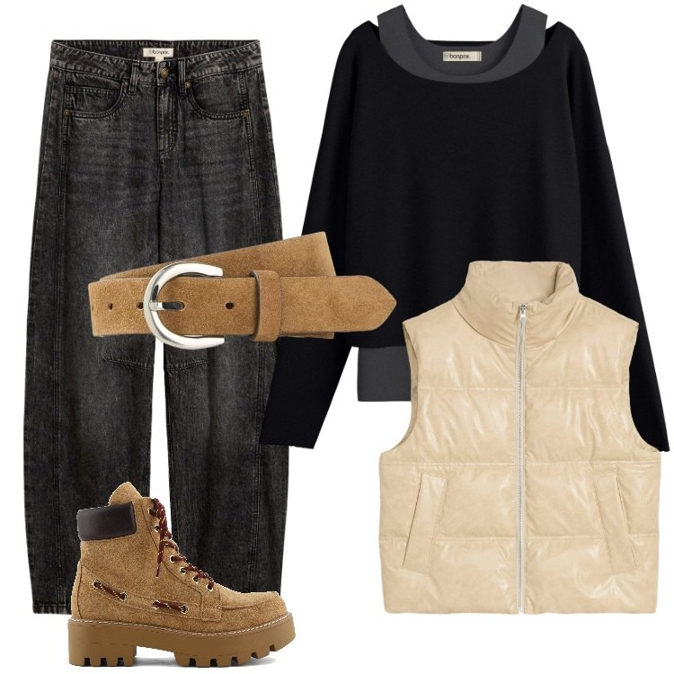 Outfit donna - Passeggiate in montagna. Stile Trendy per Tutti i giorni. Abbinamento con cinture, jeans, maglieria, piumini, stivaletti.