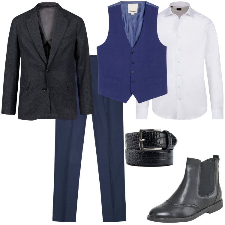 Outfit uomo - Giovedì al lavoro. Stile Business/Elegante per Ufficio. Abbinamento con gilet, stivali e stivaletti, giacche, camicie, pantaloni, cinture.