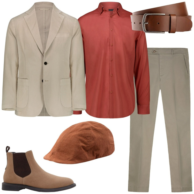 Outfit uomo - Color block in ufficio. Stile Business/Elegante per Ufficio. Abbinamento con cinture, stivali e stivaletti, giacche, camicie, cappelli con visiera, pantaloni chino.