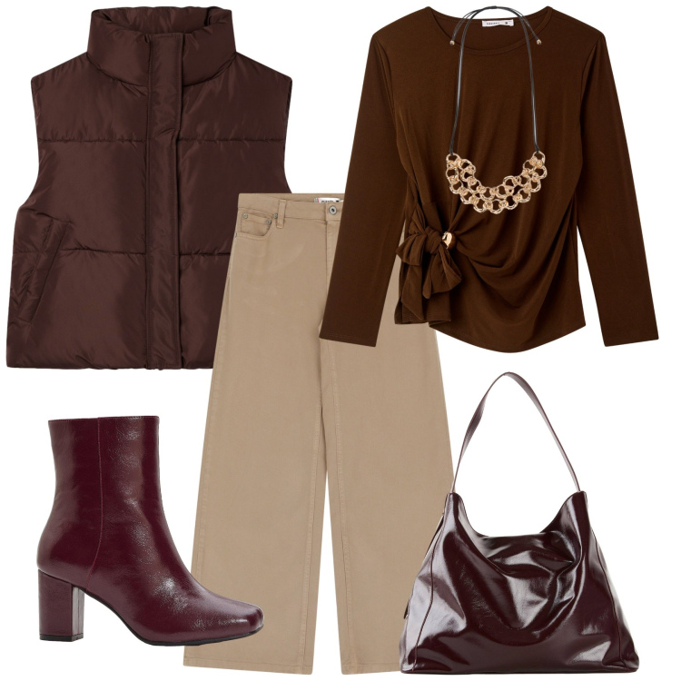 Outfit donna - Total look #2253461. Stile Casual per Tutti i giorni. Abbinamento con stivaletti, shopping bag, bluse, piumini, pantaloni, collane.