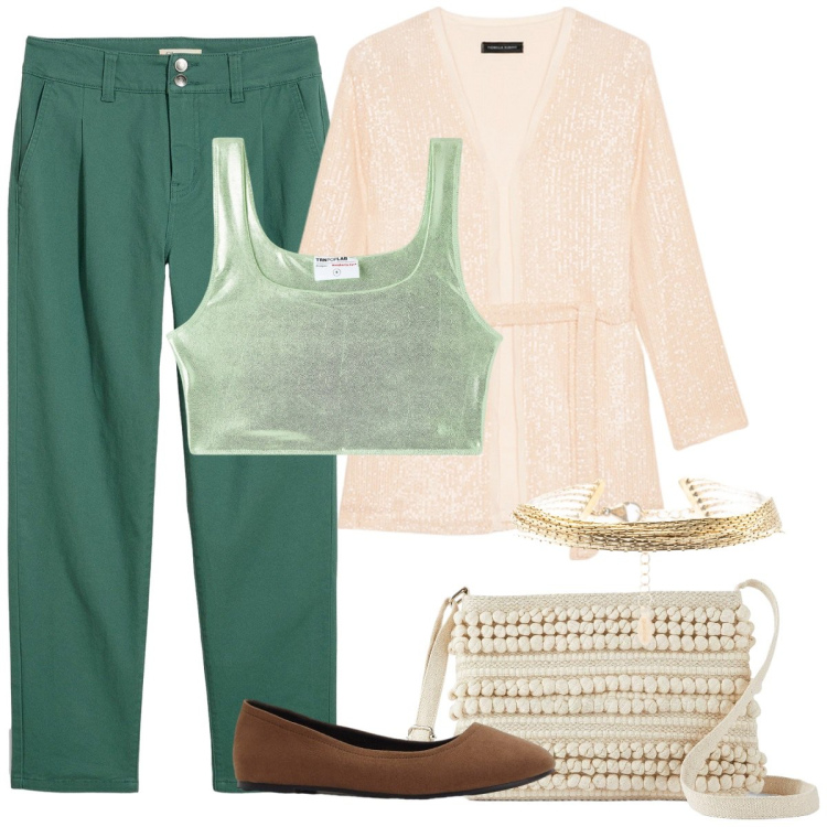 Outfit donna - Relax tra Vetrine e Mercatini. Stile Casual chic per Tutti i giorni. Abbinamento con ballerine, borse a tracolla, pantaloni, top, braccialetti, blazer.