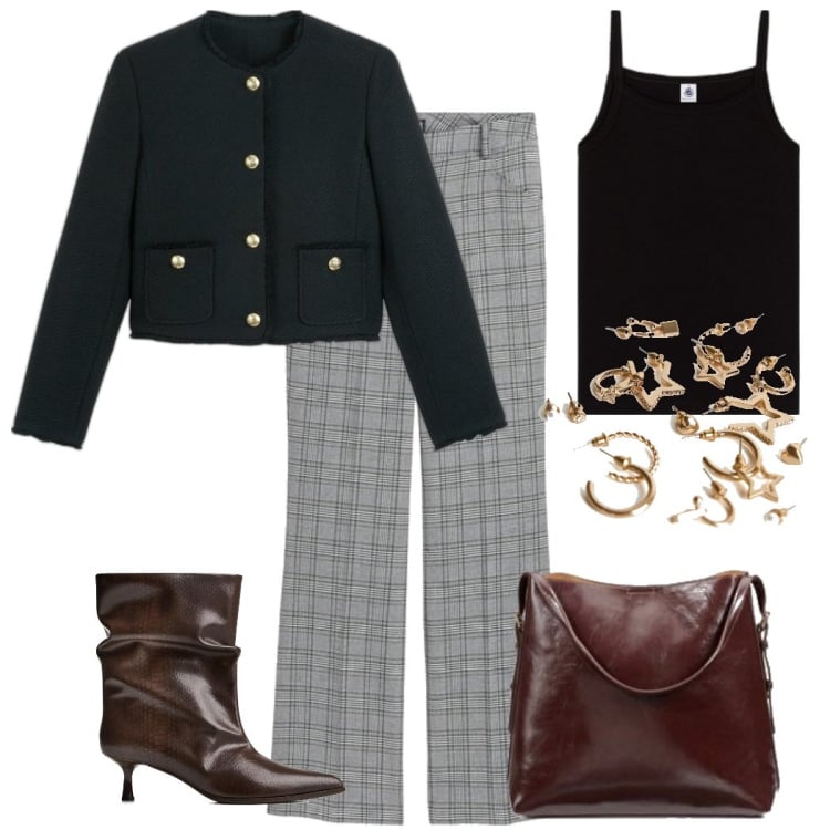 Outfit mujer - Fall & Chic. Estilo Casual chic para Oficina. Combinación con pantalones, botines, blazers, bolso tote, pendientes, camisetas sin mangas.