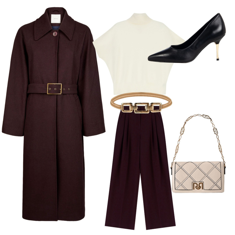 Outfit donna - Look autunnale. Stile Casual chic per Ufficio. Abbinamento con décolleté, borse a tracolla, cinture, maglieria, pantaloni a palazzo, cappotti.
