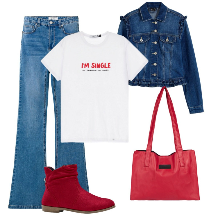 Outfit donna - Denim & Red Vibes. Stile Casual per Tutti i giorni. Abbinamento con stivaletti, blazer, jeans a zampa, t-shirt, shopping bag.