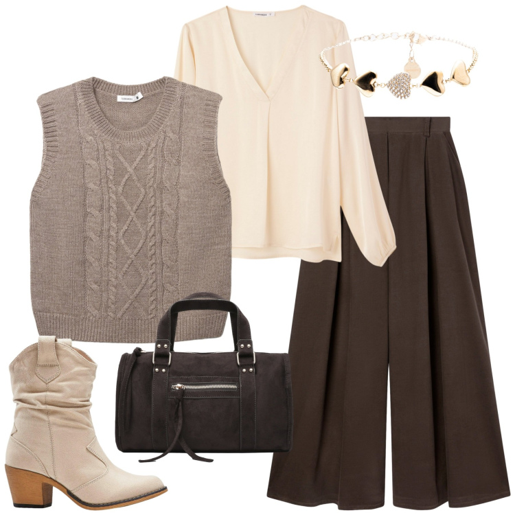 Outfit donna - Total look #2253488. Stile Glamour per Ufficio. Abbinamento con stivaletti texani, pantaloni, bluse, borse a mano, maglieria, braccialetti.
