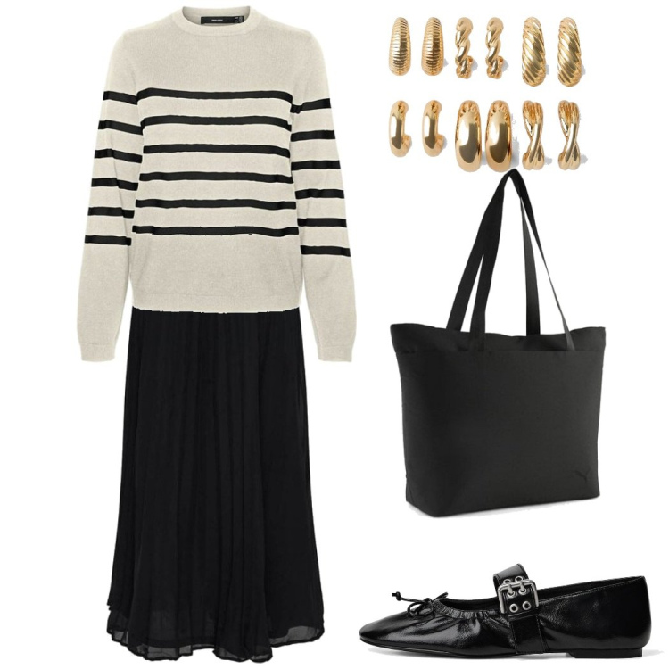 Outfit mujer - Paseando Chic. Estilo Casual chic para Todos los días. Combinación con prendas de punto, pendientes, bolso tote, bailarinas, faldas.