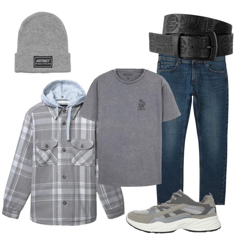 Outfit uomo - Disinvolto. Stile Casual per Tutti i giorni. Abbinamento con cinture, jeans, t-shirt, sneakers, berretti, cappotti.
