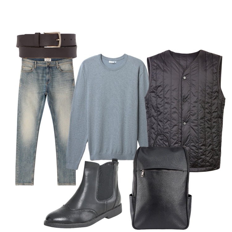 Outfit uomo - Total look #2253495. Stile Casual per Tutti i giorni. Abbinamento con stivali e stivaletti, jeans skinny, maglieria, piumini, cinture, borse sportive.