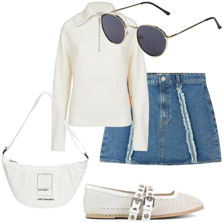 Outfit donna - Total look. Stile Preppy per Tutti i giorni. Abbinamento con occhiali da sole, marsupi, minigonne, ballerine, maglieria.