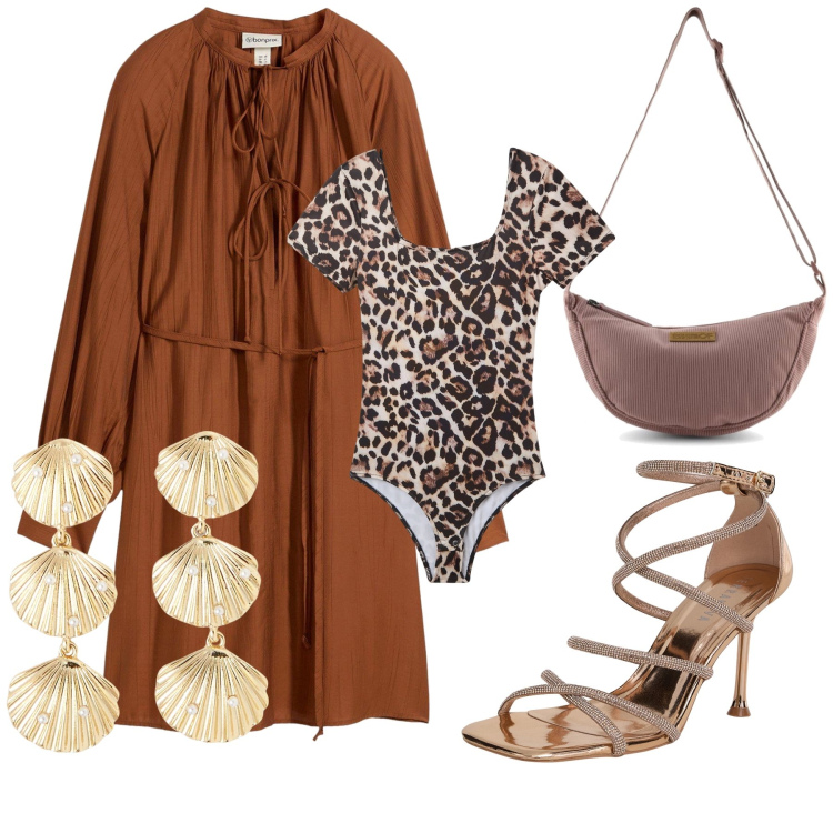 Outfit donna - Che mix. Stile Trendy per Serata fuori. Abbinamento con vestiti, sandali col tacco, body, orecchini, borse a tracolla.