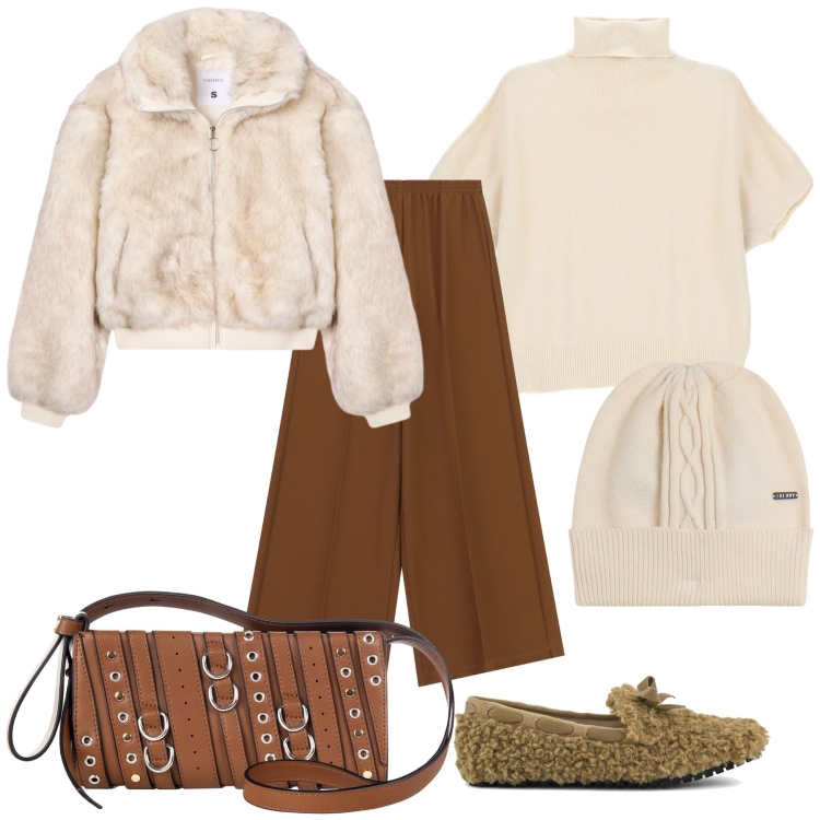 Outfit donna - Total look. Stile Sporty chic per Tutti i giorni. Abbinamento con ecopellicce, borse a spalla, maglieria, pantaloni a palazzo, cappelli, mocassini.