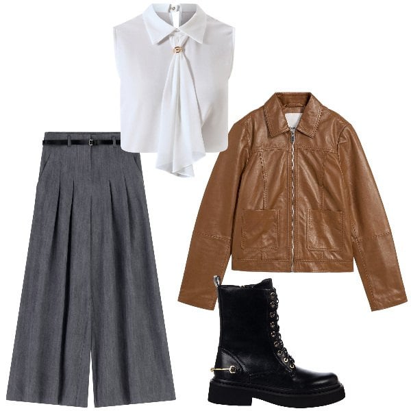 Outfit donna - Total look #2253508. Stile Bon Ton per Ufficio. Abbinamento con blazer, anfibi, top, pantaloni a palazzo.
