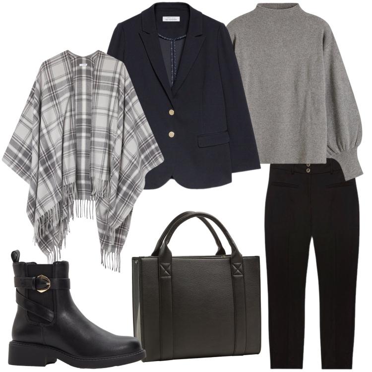 Outfit donna - La mantella sopra la giacca. Stile Casual chic per Ufficio. Abbinamento con maglieria, stivaletti chelsea, borse tote, cappotti, blazer, pantaloni.