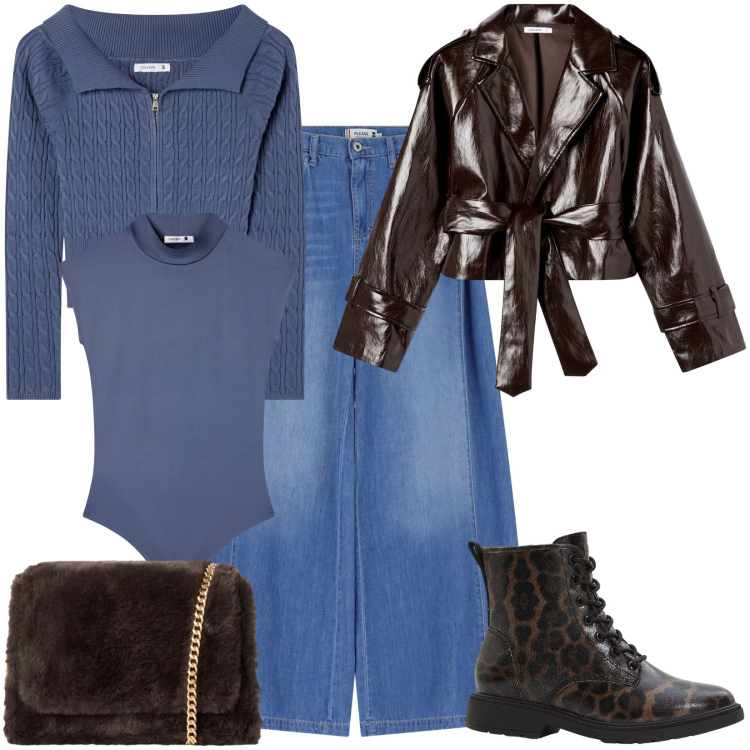 Outfit donna - Blu polvere, denim, marrone fondente. Stile Trendy per Tutti i giorni. Abbinamento con stivaletti, cardigans, borse a tracolla, giacche, body, jeans.