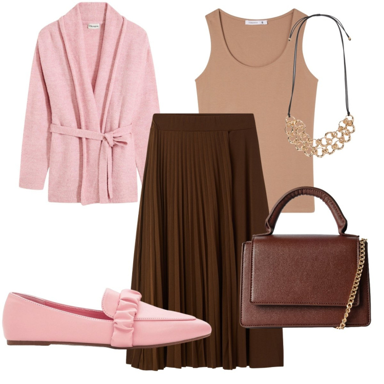 Outfit donna - Total look #2253514. Stile Casual chic per Tutti i giorni. Abbinamento con mocassini, cardigans, gonne lunghe, borse a tracolla, top, collane.