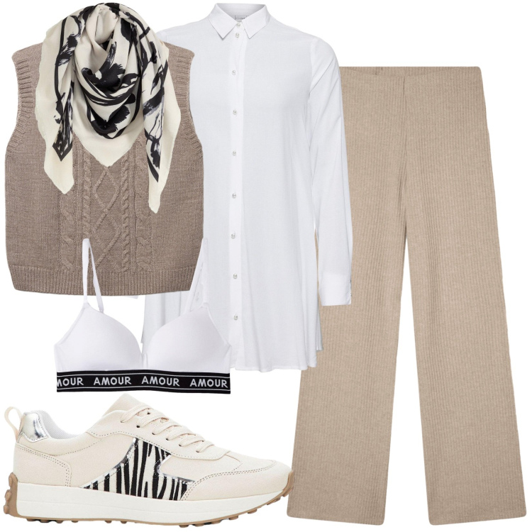 Outfit donna - Passeggiata rilassata. Stile Casual per Scuola/Università. Abbinamento con camicie, foulard, sneakers, pantaloni, maglieria, reggiseni.