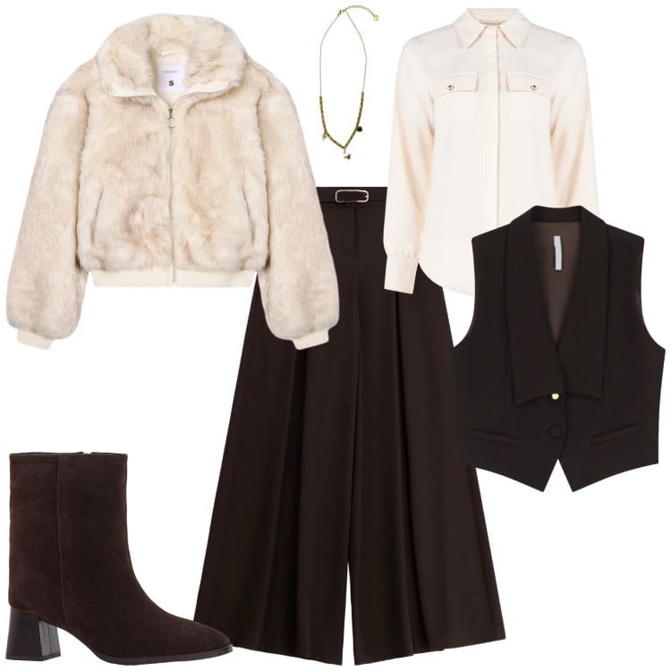 Outfit donna - Total look #2253516. Stile Minimal per Serata fuori. Abbinamento con stivaletti, ecopellicce, camicie, gilet, pantaloni, ciondoli.