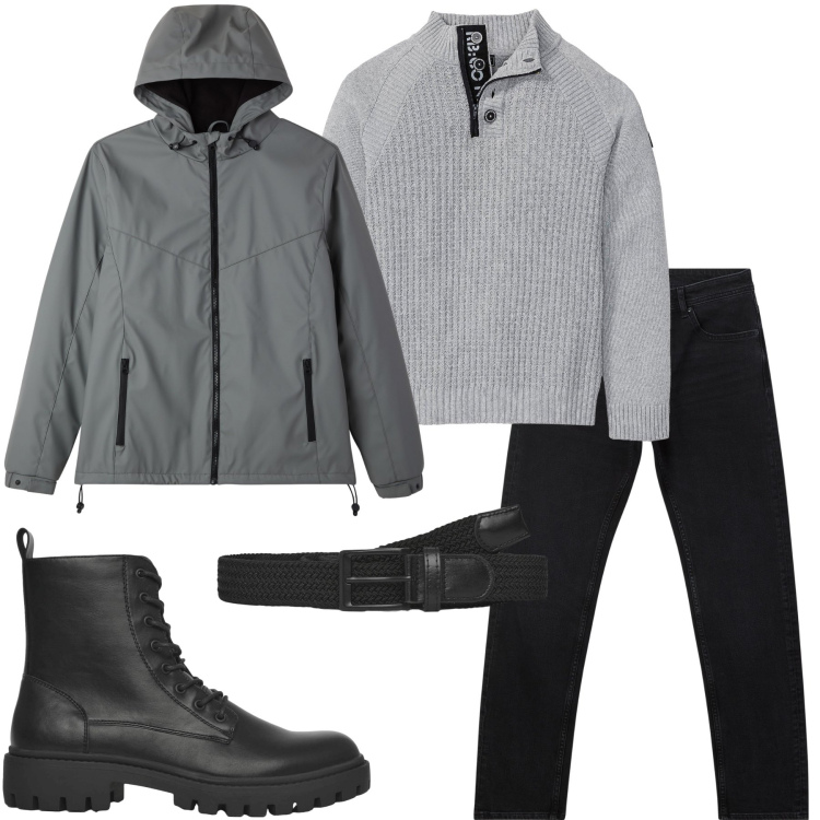 Outfit uomo - Primi freddi. Stile Biker Rock per Tutti i giorni. Abbinamento con maglieria, cinture, anfibi, jeans, giacche sportive.