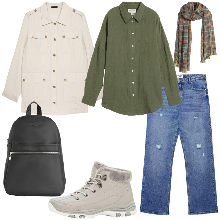 Outfit donna - Comodità alla moda. Stile Casual per Scuola/Università. Abbinamento con camicie, stivaletti, sciarpe, jeans strappati, zaini, blazer.