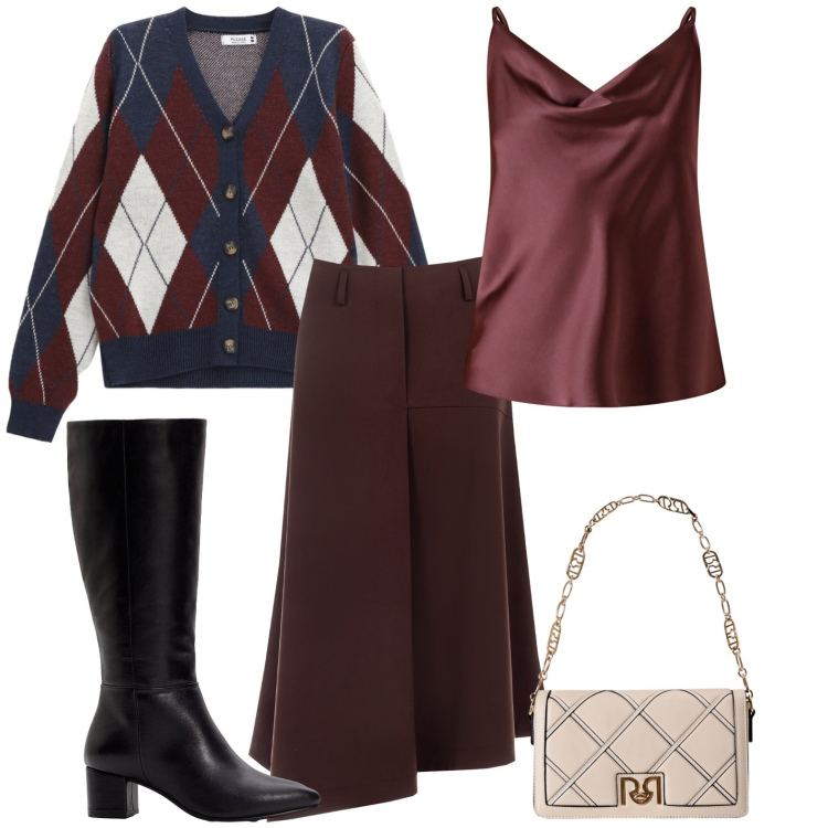 Outfit donna - Cardigan e satin. Stile Chic per Ufficio. Abbinamento con stivali, gonne longuette, canottiere, borse a tracolla, cardigans.