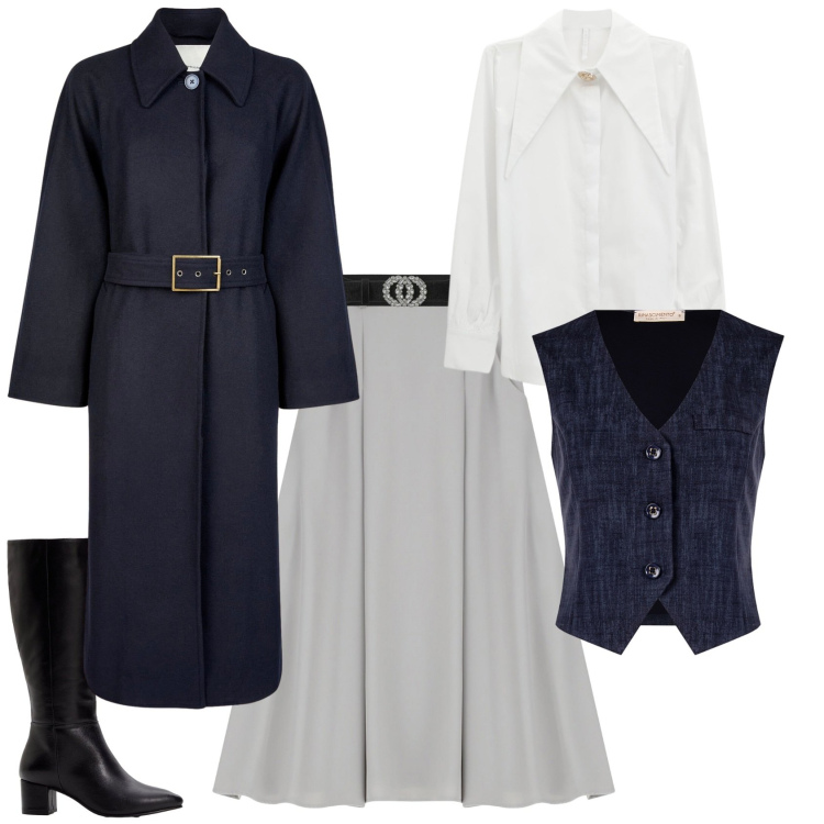 Outfit donna - Total look #2253523. Stile Minimal per Serata fuori. Abbinamento con stivali, cinture, gilet, gonne lunghe, camicie, cappotti.