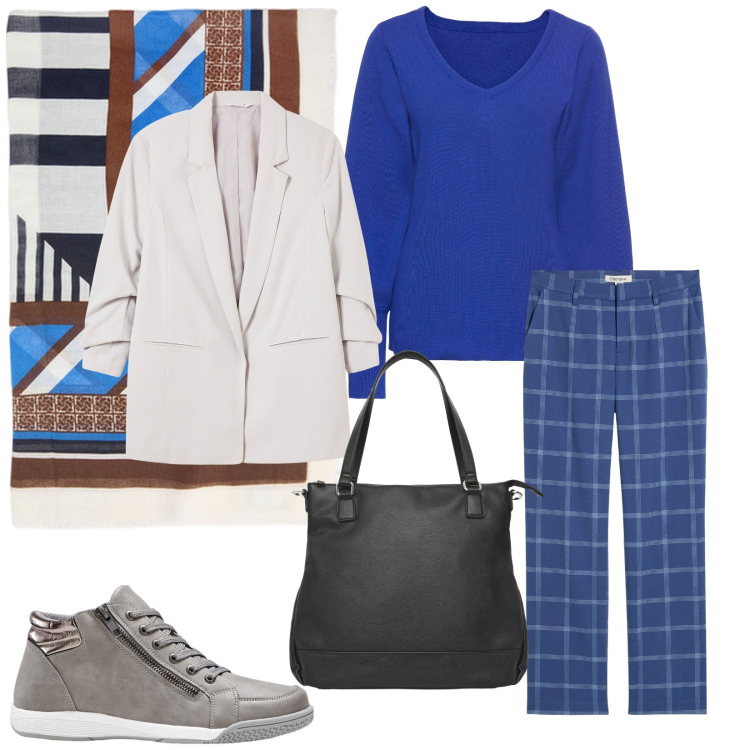Outfit donna - Total look #2253525. Stile Casual per Tutti i giorni. Abbinamento con pantaloni chino, maglieria, sneakers alte, shopping bag, blazer, foulard.