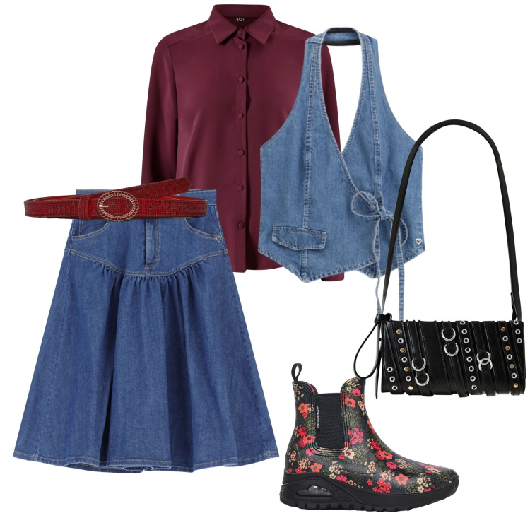 Outfit donna - Uscita con amiche. per Serata fuori. Abbinamento con stivali di gomma, cinture, gonne longuette, gilet, borse a spalla, camicie.