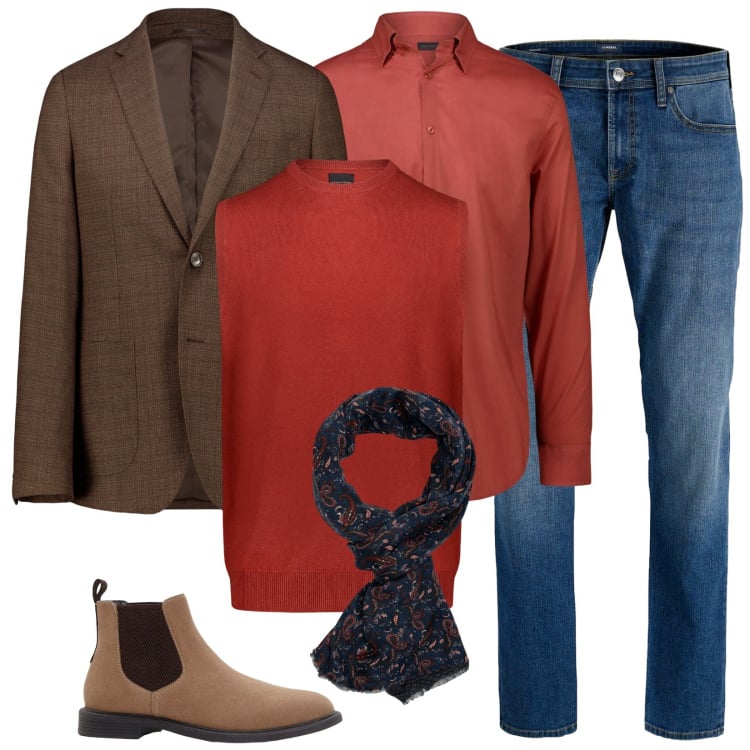 Outfit uomo - Brunch autunnale. Stile Casual per Tutti i giorni. Abbinamento con jeans, stivali e stivaletti, giacche, gilet, camicie, sciarpe.