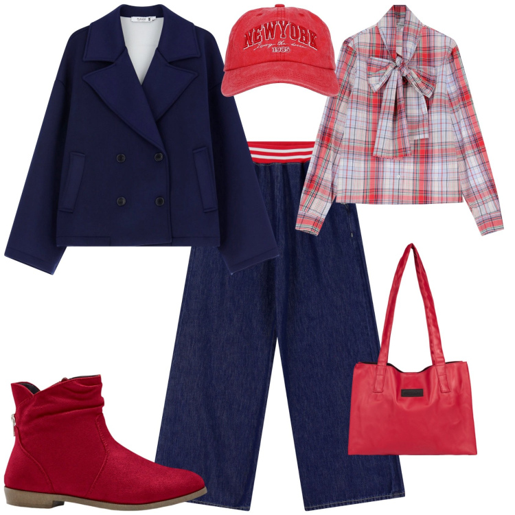 Outfit donna - Total look #2253528. Stile Casual chic per Tutti i giorni. Abbinamento con stivaletti, cappelli, jeans, camicie, caban, shopping bag.