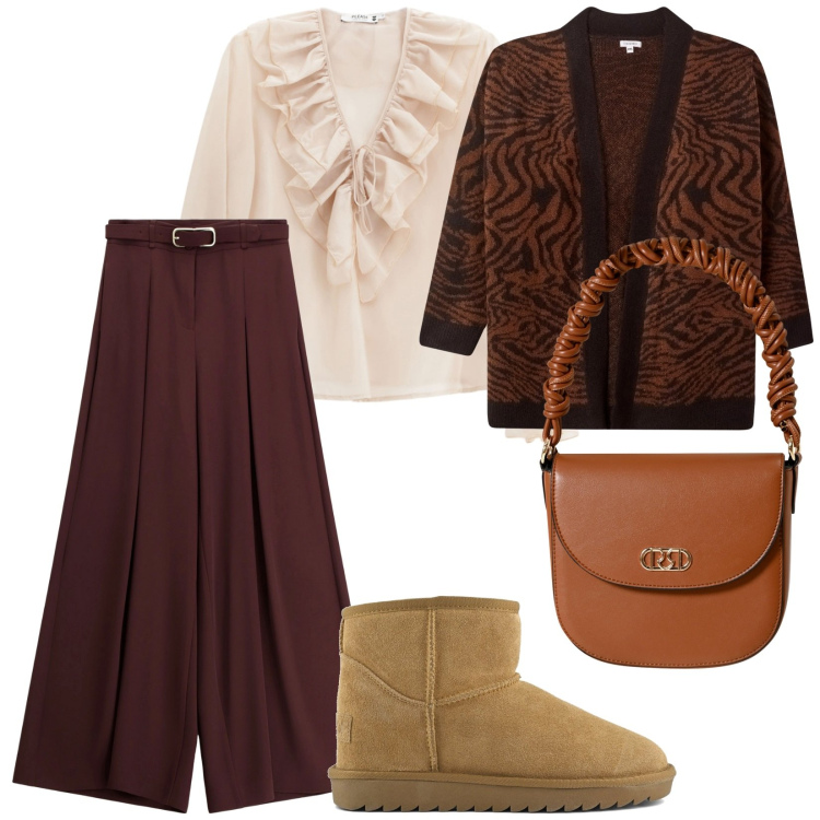 Outfit donna - Colori d\'autunno. per Tutti i giorni. Abbinamento con cardigans, camicie, borse a mano, pantaloni, stivali.