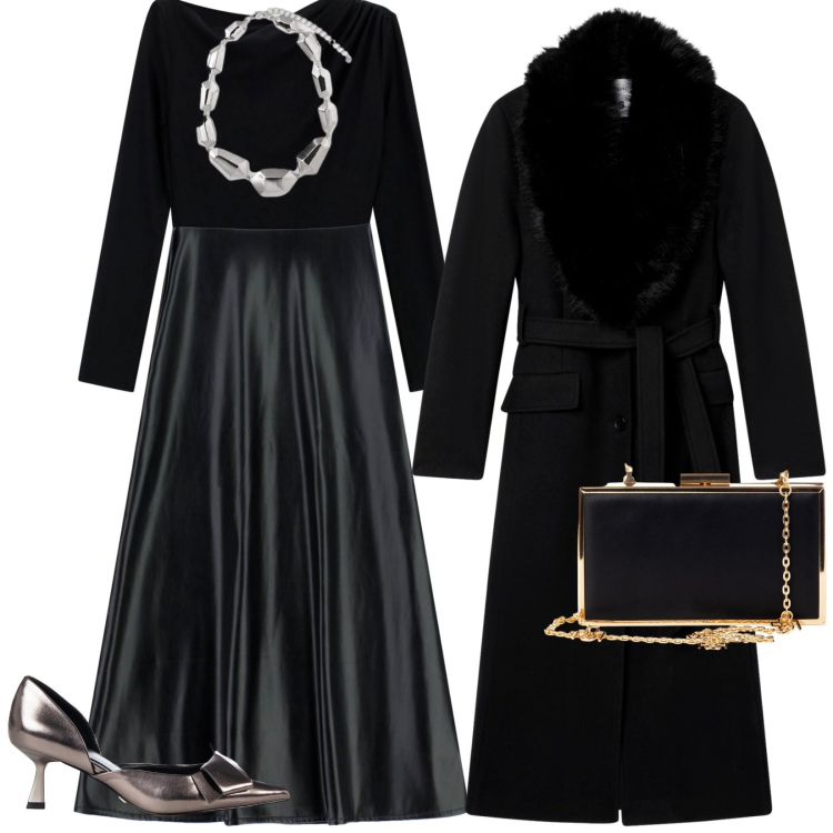 Outfit donna - Serata fuori. per Serata fuori. Abbinamento con cappotti, pochette, décolleté, vestiti lunghi, ciondoli.