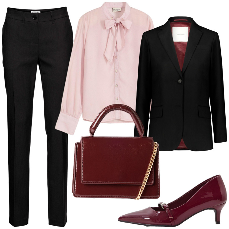 Outfit donna - Total look #2253533. Stile Chic per Ufficio. Abbinamento con pantaloni, camicie, décolleté, borse a tracolla, blazer.