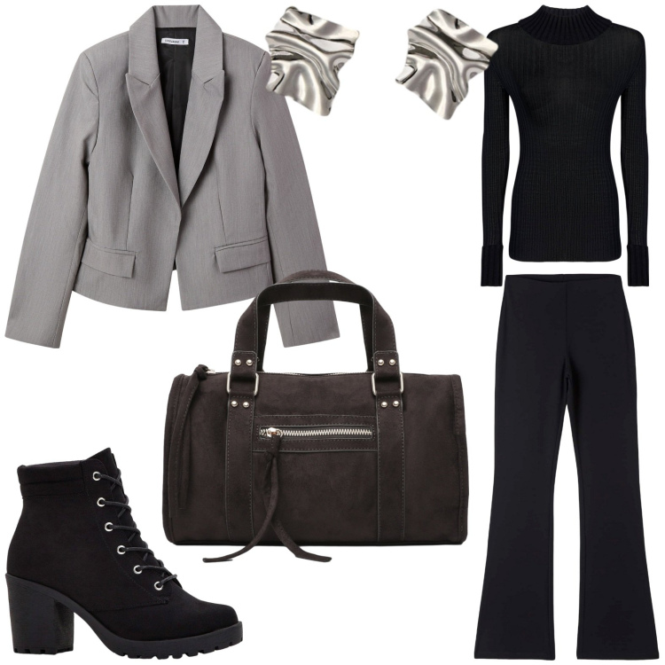 Outfit donna - Aperitivo. Stile Casual per Tutti i giorni. Abbinamento con stivaletti, pantaloni, borse a mano, blazer, maglieria, orecchini.